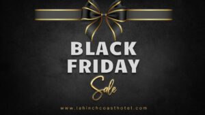 Black background with a black and gold ribbon and bow, featuring large text "Black Friday Sale" and the website www.lahinchcoasthotel.com at the bottom.