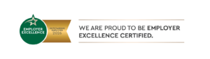 A green and gold badge reads "Employer Excellence Outstanding Employer 2026" next to text stating, "We are proud to be Employer Excellence Certified.