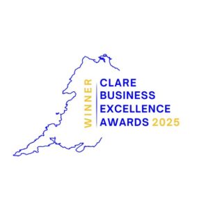 Outline of a landmass with the text "Winner Clare Business Excellence Awards 2025" in blue and yellow, arranged beside the outline.