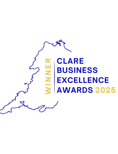 Outline of a landmass with the text "Winner Clare Business Excellence Awards 2025" in blue and yellow, arranged beside the outline.